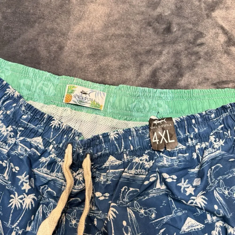 SPICY TUNA Sz 4XL Sailboat Surf Ocean Beach Life Palm Tree Swim Trunk Drawstring